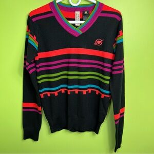 Obermeyer Black V-Neck Sweater with Red, Purple, Green & Blue Stripes